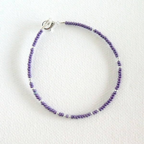 Purple bracelet, purple and silver beaded bracelet, seed bead bracelet, dainty purple bracelet, anklet, ankle bracelet, violet, one strand