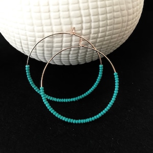 Large Sterling silver hoops, turquoise hoop earrings, teal hoops, seed bead earring, blue earrings, beaded earring,dainty earring,thin hoops