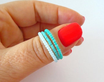 Ombre turquoise stacking rings, beaded ring, set of dainty rings,size 8 ring,size 9 ring, size 10,size 5 ring,size 6 ring,boho ring,bohemian