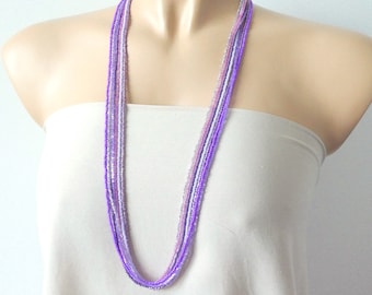 Long boho purple necklace, lilac necklace, violet necklace, multi layered bohemian necklace, seed bead jewelry,wedding jewelry,gift ideas