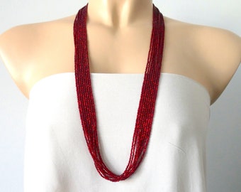 Cranberry beaded necklace, ruby Boho necklace, multistrand necklace, long necklace,bridesmaid necklace, bridesmaid gifts, wedding jewelry