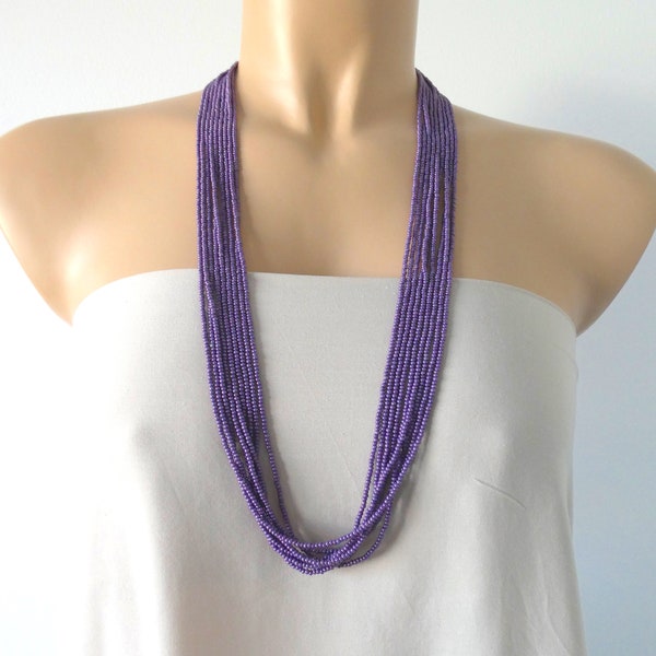 Long purple necklace, beaded purple necklace, beaded boho necklace, lilac necklace, multistrand necklace, for her, bridesmaids, wedding