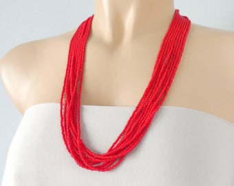 Red beaded necklace, gift for wife, seed bead necklace, multistrand necklace, statement necklace, boho tiny bead necklace