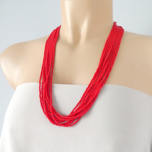 Red beaded necklace, gift for wife, seed bead necklace, multistrand necklace, statement necklace, boho tiny bead necklace