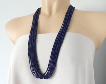 Long beaded navy blue necklace, dark blue necklace, statement necklace, wedding necklace, bridesmaid necklace, seed bead necklace