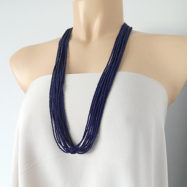 Collana blu navy con perline lunghe, collana blu scuro, collana di dichiarazione, collana da sposa, collana da damigella d'onore, collana di perline di semi