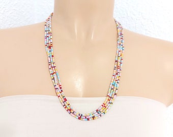 Multicolor pastel beaded necklace, pink seed bead necklace, gift for her, boho necklace, bridesmaids gifts, pink and blue necklace