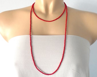 Layering Red Necklace, long boho beaded red necklace, seed bead necklace, layered necklace, dainty red necklace, one strand necklace