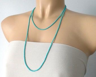 Long dainty beaded turquoise necklace, boho necklace, aqua seed bead necklace, teal one strand necklace, turquoise outfits,bridesmaids gifts