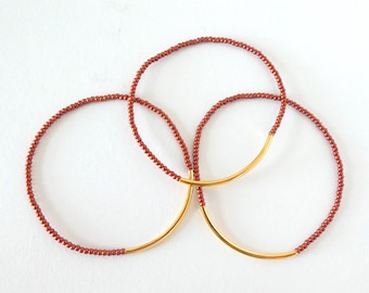 Set of 3 Copper bracelets ,gold bar bracelet ,dainty bracelet,elastic bracelet seed bead bracelet minimalist bracelet,delicate bracelet,boho