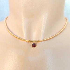 Gold beaded choker necklace, garnet necklace, delicate necklace, dainty necklace, seed bead necklace, layering necklace