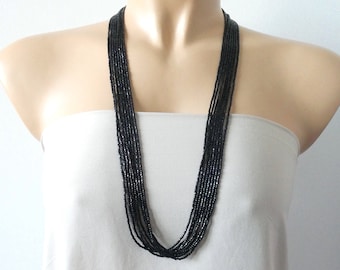 Long boho black necklace, boho chic, Bridal jewelry, bridesmaid gifts, seed bead necklace, statement necklace, for her