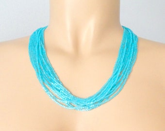 Turquoise beaded necklace, aqua seed bead necklace, bridesmaid necklaces ,boho necklaces, retro, vintage necklace