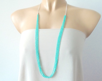 Turquoise teal boho necklace, long beaded necklace, wedding bridesmaid jewelry