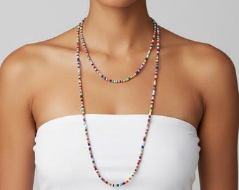 Long dainty beaded boho necklace, thin simple bohemian seed bead necklace, rainbow strand necklace, multicolor necklace
