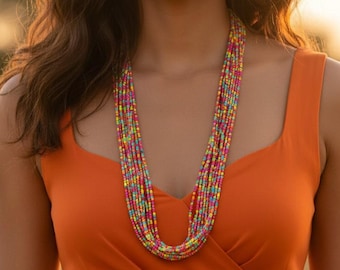 Bohemian long necklace, colorful necklace, multi color beaded boho style jewelry, unisex
