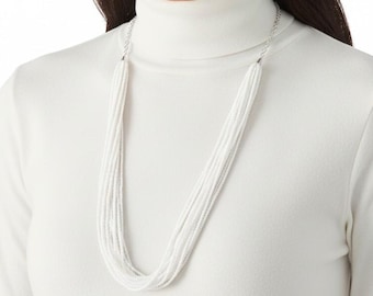 Colar longo branco com contas, colar boho de várias voltas, joias para casamento