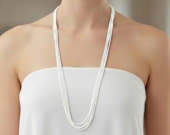 Long white beaded necklace, boho bridesmaid look , minimalist simple jewelry