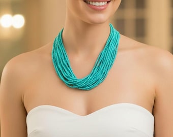 Turquoise necklace, teal statement boho multistrand  beaded necklace, aqua color, gift for her