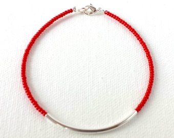Sterling Silver bar Bracelet, red bead bracelet, 925 silver bracelet, unisex gifts, seed bead bracelets, boho stacking bracelet