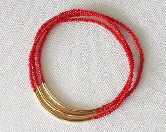 Set of 3 Red bracelet, seed bead bracelet, bar bracelet, gold bracelet, minimalist, noodle, red jewelry, christmas, dainty bracelet,stacking