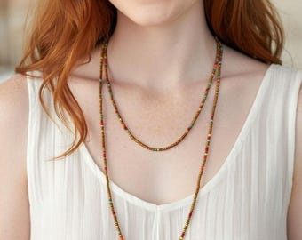 Long boho beaded necklace - brown jewelry - gift for her - dainty layering one strand necklace