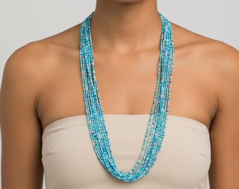 Extra long Turquoise boho necklace, seed bead tiny bead necklace, bridesmaid jewelry