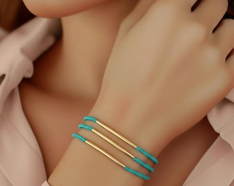 Turquoise bracelet,  bar bracelet , gift set , seed bead bracelet , minimalist bracelet ,stacking elastic