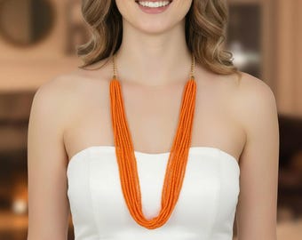 Long orange necklace clasp free , beaded boho jewelry, bohemian wedding jewelry