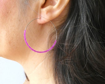 Hot Pink earrings, gold filled big hoop earrings, beaded hoop earrings, seed bead earrings, gold hoop earrings, big hoops