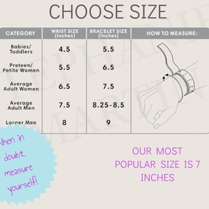 May include: A chart showing wrist and bracelet sizes in inches for different categories of people, including babies, toddlers, preteens, petite women, average adult women, average adult men, and larger men. The chart also includes a diagram showing how to measure your wrist.