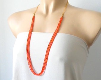 Long orange necklace, boho beaded necklace, seed bead necklace, bridesmaid necklace, orange jewelry, multi strand necklace, wedding necklace