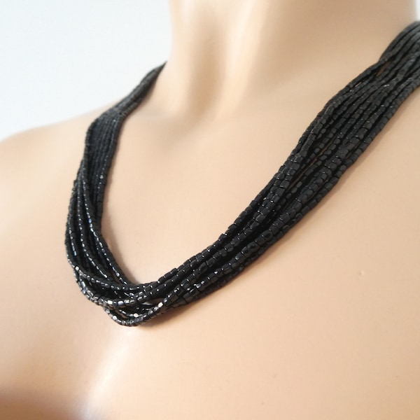 Black necklace, seed bead necklace, multi strand necklace, beaded necklace, bridesmaid necklace, jet black, wedding necklace