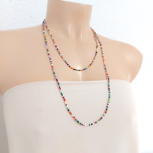 Long dainty beaded boho necklace, thin simple bohemian seed bead necklace, rainbow strand necklace, multicolor necklace