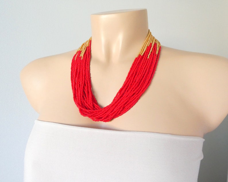 Red and gold necklace, red statement necklace,red necklace,gift idea,statement necklace,boho,multistrand,beaded necklace,seed bead necklace image 4