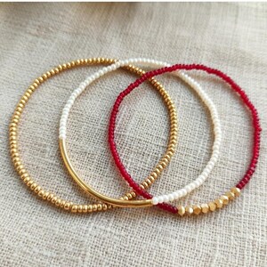 Dainty burgundy and gold  bracelet - Bracelet Set - Garnet jewelry metal free elastic , bridesmaid gifts