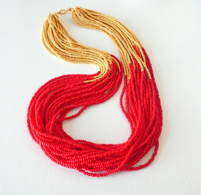 Red and gold necklace, red statement necklace,red necklace,gift idea,statement necklace,boho,multistrand,beaded necklace,seed bead necklace image 6