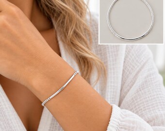 Sterling Silver Silver Beaded Bar Bracelet, Minimalist Stacking Dainty Bracelets, Custom Size