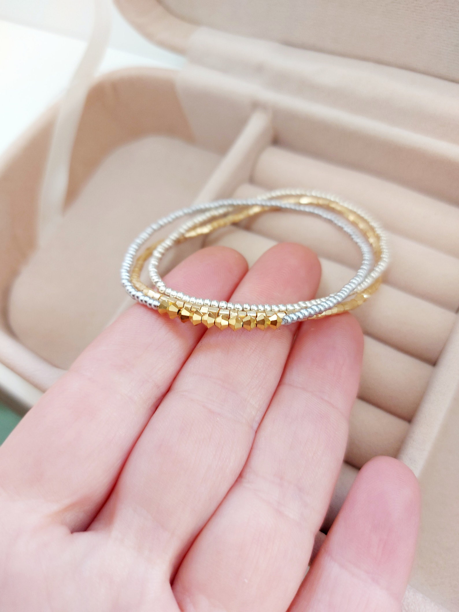 Stretchy Silver and Gold Beaded Bracelet
