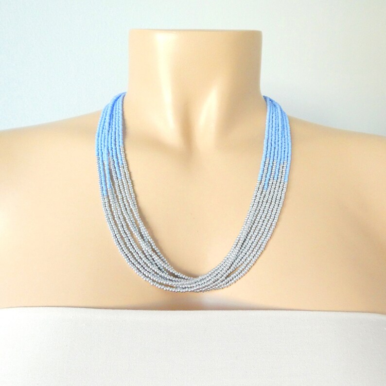 Pastel blue and silver necklace powder blue multi strand beaded necklace,seed bead boho necklace,bridesmaid necklace,gift for women,for her
