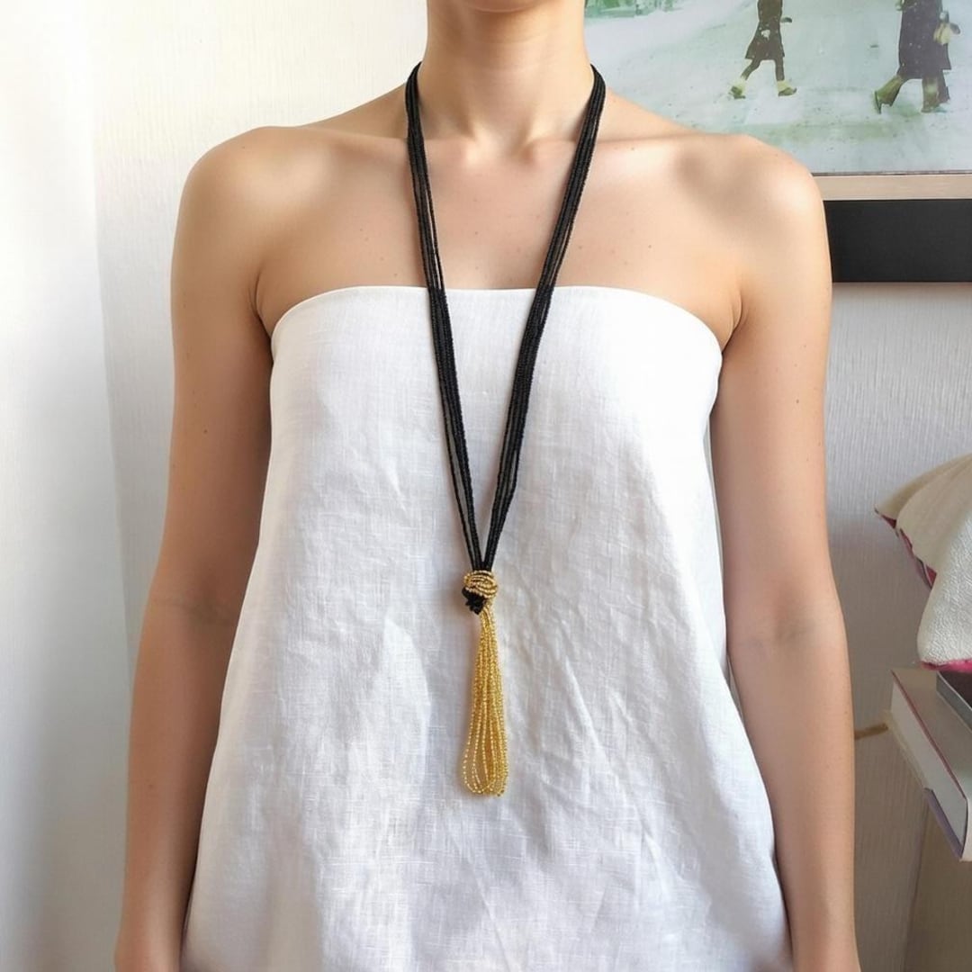 Long Black and Gold Boho Beaded Necklace , Tassel Knot Bohemian ...