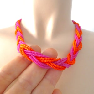 Boho necklace hot pink necklace,beaded necklace, orange necklace, braid necklace,seed bead necklace, bridesmaid gifts,gift for women,summer