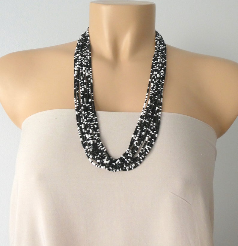Boho Necklace Black and White Necklace Multistrand Necklace Etsy