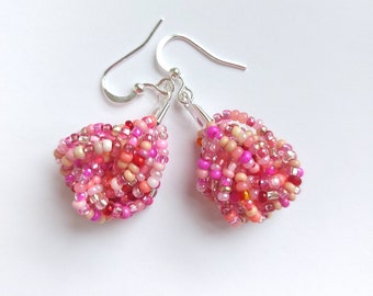 Pink beaded earrings, dangling earrings, dangle earrings, knot earrings, boho earrings,gift for her, seed bead earrings,
