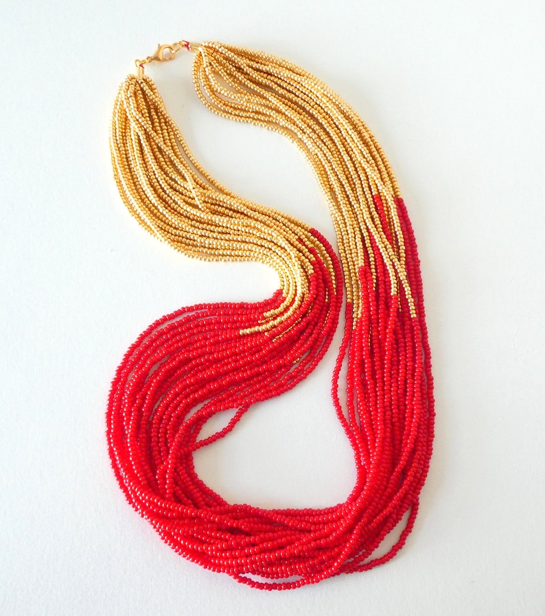 Red and gold necklace, red statement necklace,red necklace,gift idea,statement necklace,boho,multistrand,beaded necklace,seed bead necklace image 3