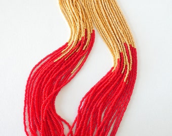 Red and gold necklace, red statement necklace,red necklace,gift idea,statement necklace,boho,multistrand,beaded necklace,seed bead necklace