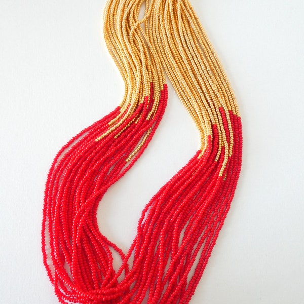 Red and gold necklace, red statement necklace,red necklace,gift idea,statement necklace,boho,multistrand,beaded necklace,seed bead necklace