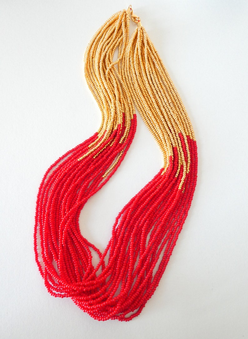 Red and gold necklace, red statement necklace,red necklace,gift idea,statement necklace,boho,multistrand,beaded necklace,seed bead necklace image 1