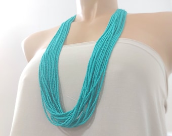 Long Turquoise necklace, boho multistrand necklace, blue turquoise jewelry, Statement jewellery