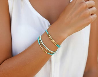 Set of 3 turquoise aqua bracelets , seed bead bracelet , gold bar bracelet, minimalist jewelry